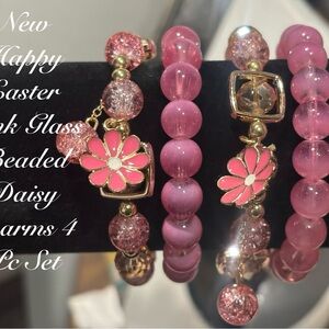 NEW FESTIVE EASTER PINK GLASS BEADED BRACLETS WITH DAISY CHARMS 4PC SET